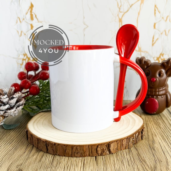 Straight Red Handled Spoon Mug Digital Mocked Up Photo, Christmas Hot Chocolate Mock