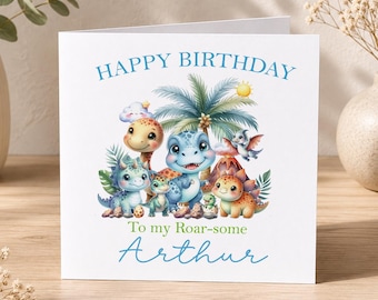 Dinosaur Birthday Card: Colourful Dino Group, Personalised Name & Age | Premium Paper, Kids Party Keepsake, 6x6 Inches