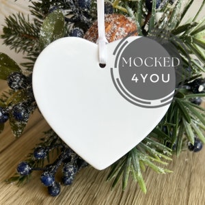 White Heart Ceramic Christmas Ornament, Bauble Disc Digital Mocked Up Photo