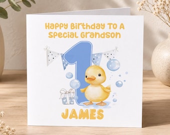 1st Birthday Card Personalised Baby Boy Keepsake, Blue Duck Design (6x6 Inch, Premium Paper, Custom Text)