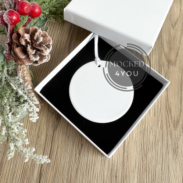 White Round Ceramic Everyday Ornament, Bauble Disc Digital Mocked Up Photo, With white box for Christmas