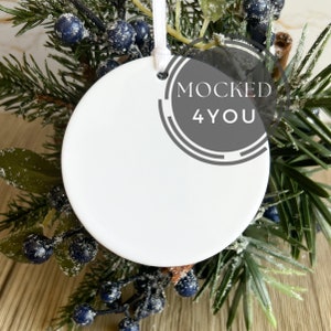 White Round Ceramic Christmas Ornament, Bauble Disc Digital Mocked Up Photo