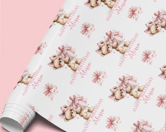 Personalisiertes Geschenkpapier zum Geburtstag mit Teddybär, Geschenkpapier mit individuellem Namen, Geschenkpapier zum Geburtstag für Mädchen, Geschenkpapier mit niedlichem Teddybär