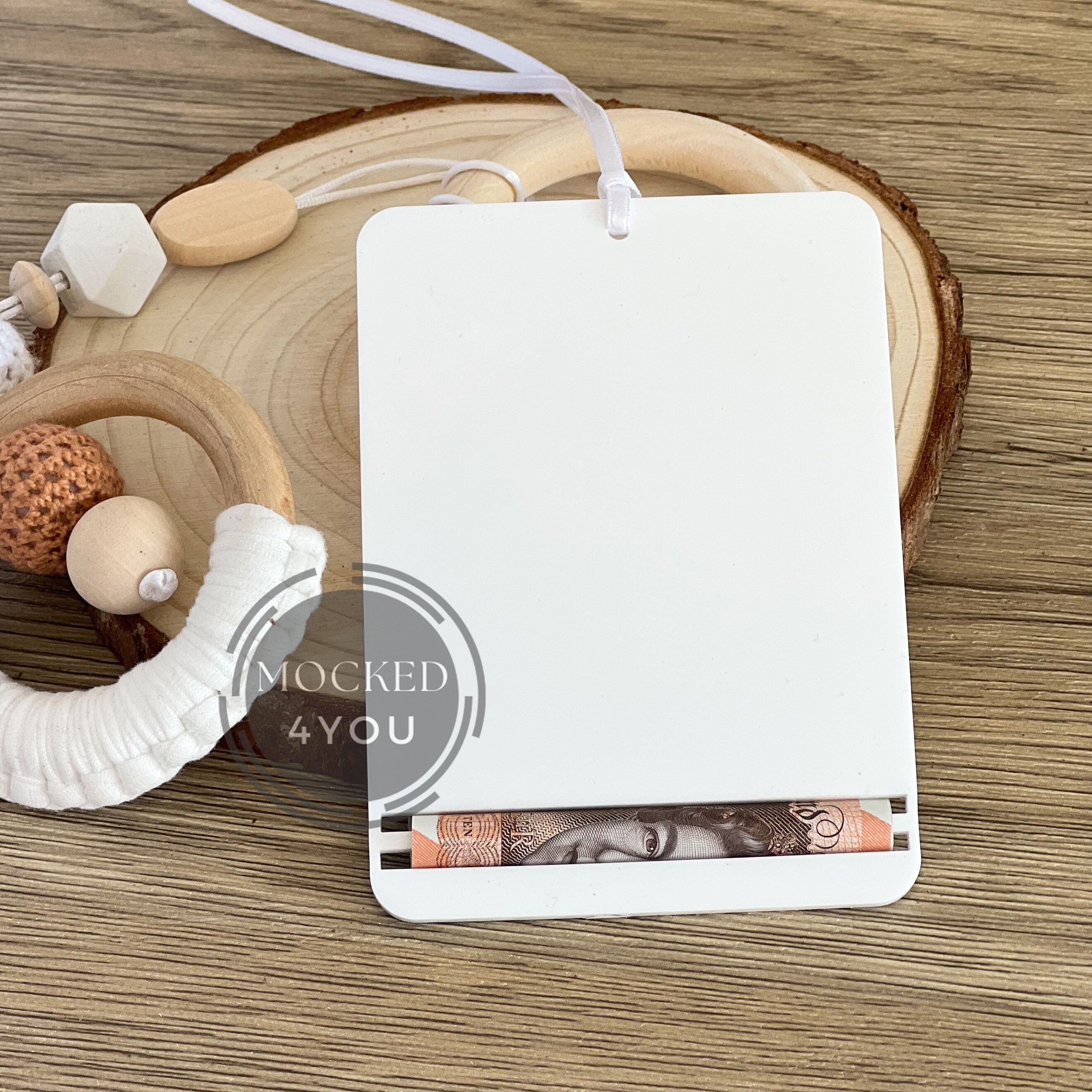 White Acrylic Money Holder for Babies, Bauble Disc Digital Mocked Up Photo, PDS Smart Mock Up