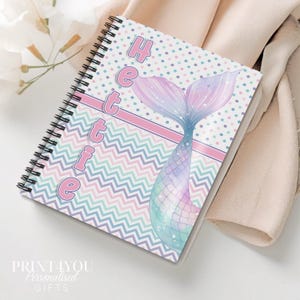 Mermaid Tail Design Notebook - Personalised Girls Journal - A5 Size, Soft Rainbow Colours, Black Spiral Bound, Durable Cover