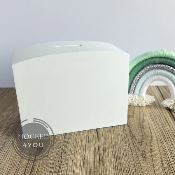 White Curved Wooden Money Box Digital Mocked Up Photo,  Coin Saver with green rainbow