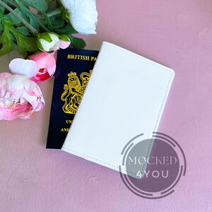 White Leather Passport Cover with UK passport Digital Mocked Up Photo, PSD Smart Layer, Pink background