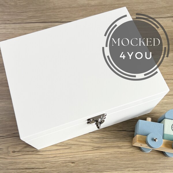 White Wooden Box with Silver Clasp, Digital Mocked Up Photo, Baby Boy Keepsake Box mockup