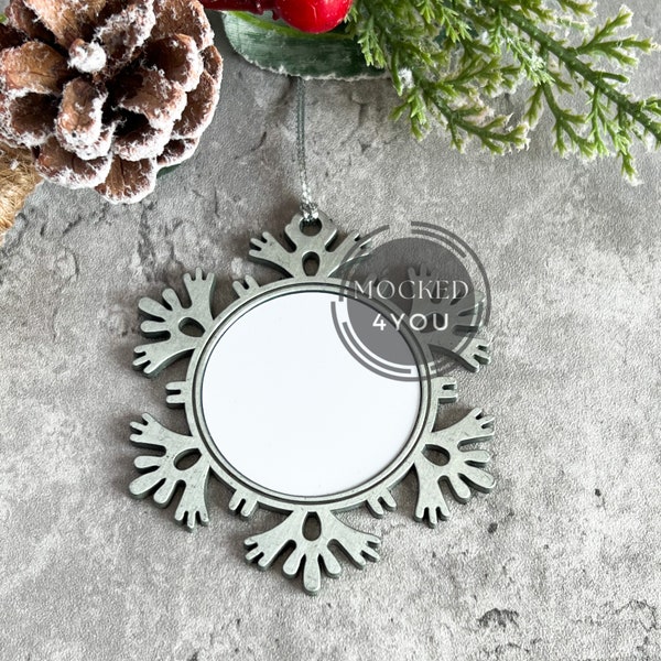 Silver Snowflake Aluminium Metal Christmas Ornament, Bauble Disc Digital Mocked Up Photo