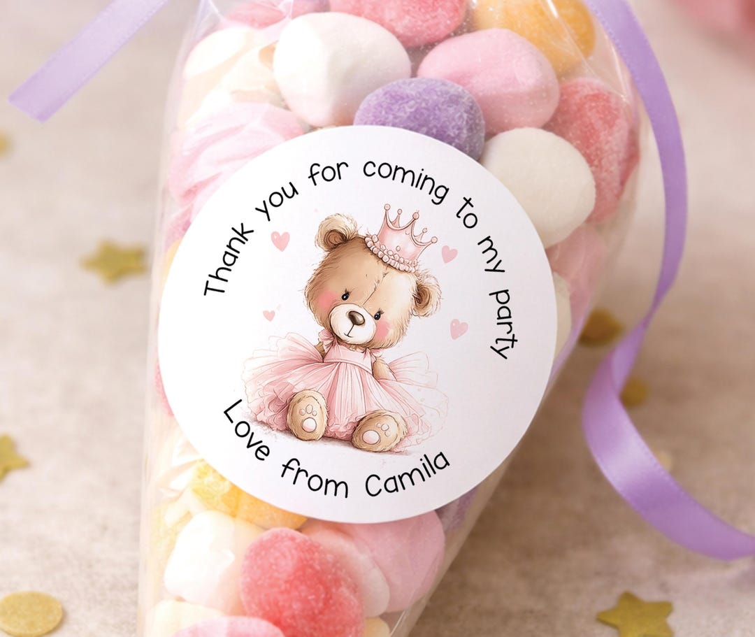 Personalised Princess Teddy Bear Party Bag Stickers, Birthday Labels ...