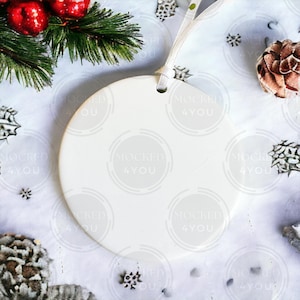 White Round Ceramic Christmas Ornament, Bauble Disc Digital Mocked Up Photo