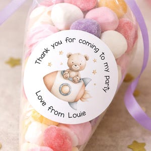 Thank You Stickers Cute Teddy Bear Rocket: Personalised Space Theme Labels, Glossy Paper, UK Printed | Custom Name, Party Bags