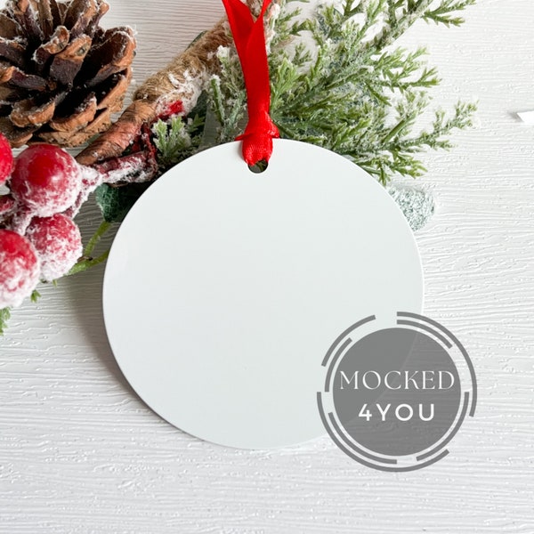 White Round Aluminium Metal Christmas Ornament, Bauble Disc Digital Mocked Up Photo