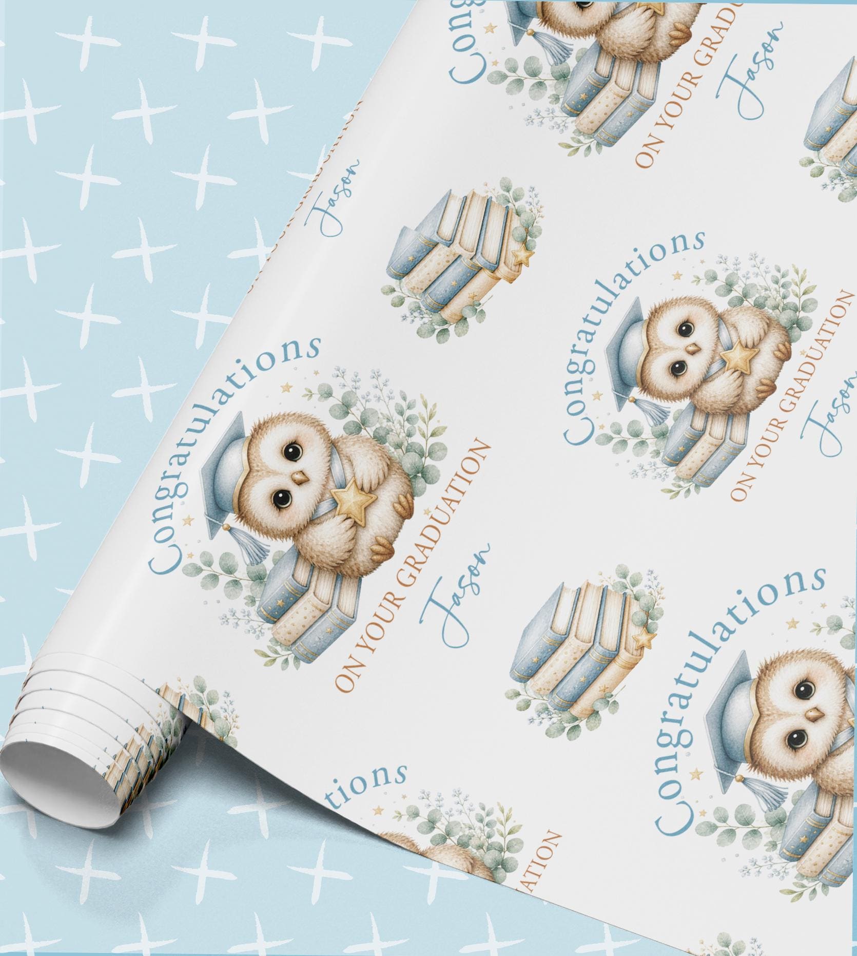 Personalised Graduation Wrapping Paper Owl Gift Wrap Congratulations Custom Name Blue Books Grad Gif