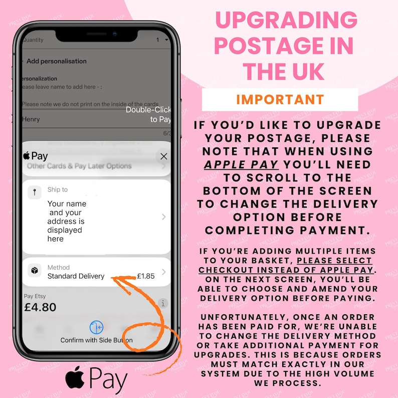 a smartphone screen displaying a mobile payment system, with a message about upgrading postage in the UK.