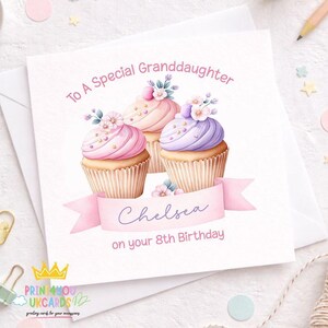 A birthday card with a design of three cupcakes with pink and purple frosting, along with a ribbon that says "Chelsea on your 8th Birthday".