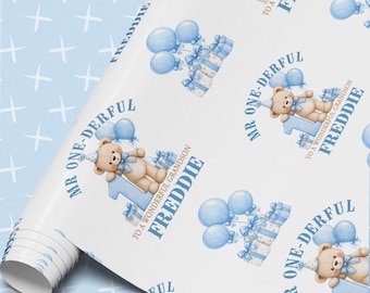 1st Birthday Wrapping Paper, Mr One-Derful Teddy Bear Gift Wrap, Personalised with Any Name, Baby Boy Blue Party Paper, 100gsm Roll