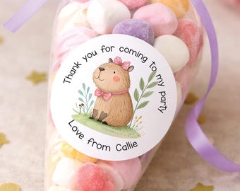 Personalised Capybara Party Bag Stickers, Birthday Labels with Any Name, 5cm Round Glossy Sweet Cone Tags for Kids Parties