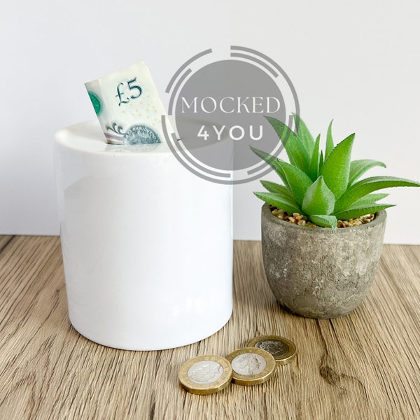 White Ceramic Money Box Digital Mocked Up Photo,  Coin Saver Pot