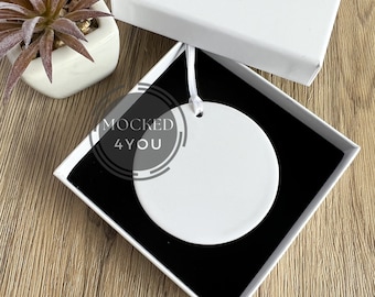 White Round Ceramic Everyday Ornament, Bauble Disc Digital Mocked Up Photo, With white box and plant