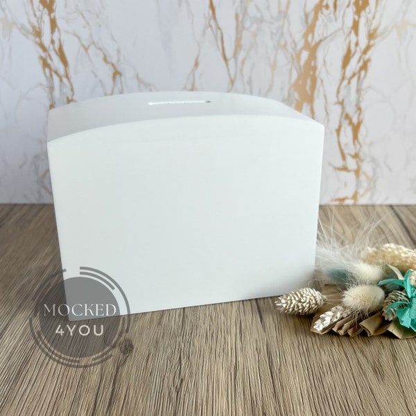 White Curved Wooden Money Box Digital Mocked Up Photo,  Coin Saver with dried flowers