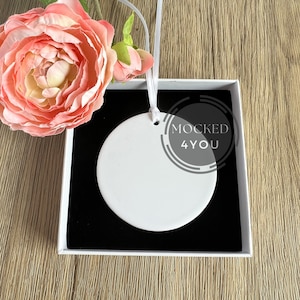 White Round Ceramic Everyday Ornament, Bauble Disc Digital Mocked Up Photo, With white box and pink flower