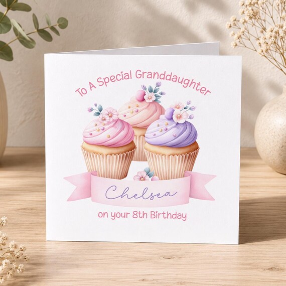 Girl Birthday Card Custom Age Cupcakes, Pastel Floral Theme (6x6", Personalised Name and Age, 350gsm Smooth Cardstock)