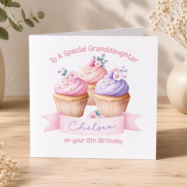 Girl Birthday Card Custom Age Cupcakes, Pastel Floral Theme (6x6", Personalised Name and Age, 350gsm Smooth Cardstock) image 1