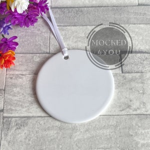White Round Ceramic Everyday Ornament, Bauble Disc Digital Mocked Up Photo