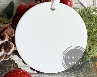 White Round Ceramic Christmas Ornament, Bauble Disc Digital Mocked Up Photo, PDS Smart Mock Up