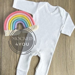 White Baby Romper Sleep Suit Digital Mocked Up Photo, Babygrow Sleepsuit Vest Full Bodysuit with Rainbow