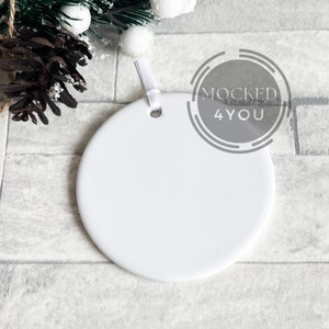 White Round Ceramic Christmas Ornament, Bauble Disc Digital Mocked Up Photo