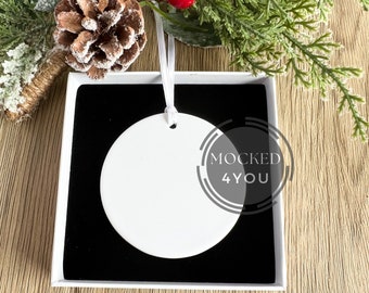 White Round Ceramic Everyday Ornament, Bauble Disc Digital Mocked Up Photo, With white box for Christmas