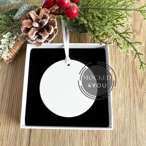 White Round Ceramic Everyday Ornament, Bauble Disc Digital Mocked Up Photo, With white box for Christmas