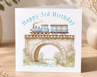 Train Birthday Card for Godson, Personalised Any Age Birthday Card for Boys, Steam Train Viaduct Card for Son, Grandson