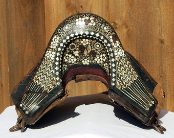 Antique Chinese/Tibetan Saddle (Gser Sga) Lacquered  w MOP & Bone Inlay 18th - 19th c.