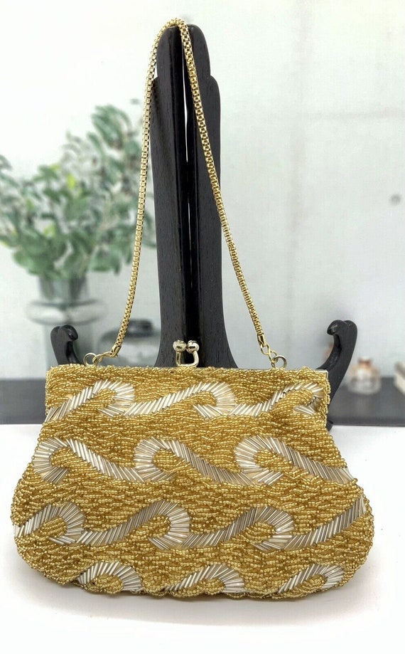 Vtg Walborg Gold Hand Beaded Evening Bag Clutch w/