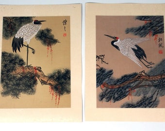 Signed Vintage Japanese Silk Paintings Depicting Cranes