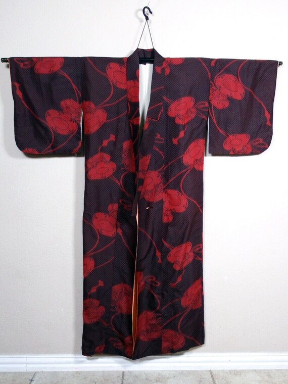 Vintage Japanese Silk Kimono - Handmade Lined Blac