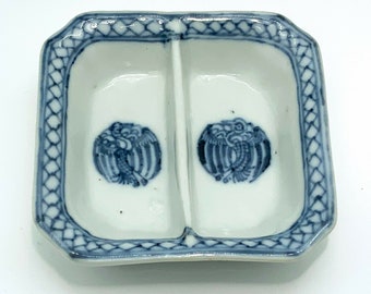 Antique Chinese Export Blue & White Porcelain Divided Tray With Phoenix