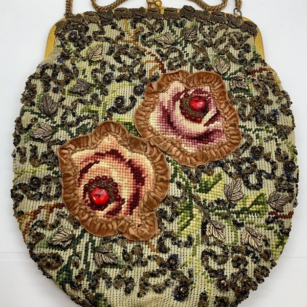 Vintage Jolles Original Bag Floral, Glass Beads, Needlepoint (12”)