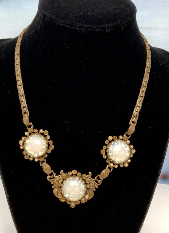 Antique Brass Bronze Necklace Faux Opal Pearls C L