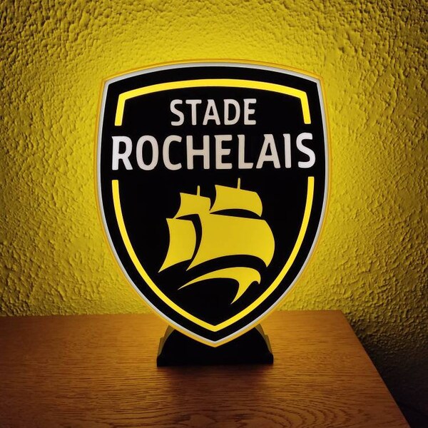 Lampe - Veilleuse LED 3D Emblème La Rochelle- Stade Rochelais - Rugby , intensité réglable, connexion USB 5V avec interrupteur