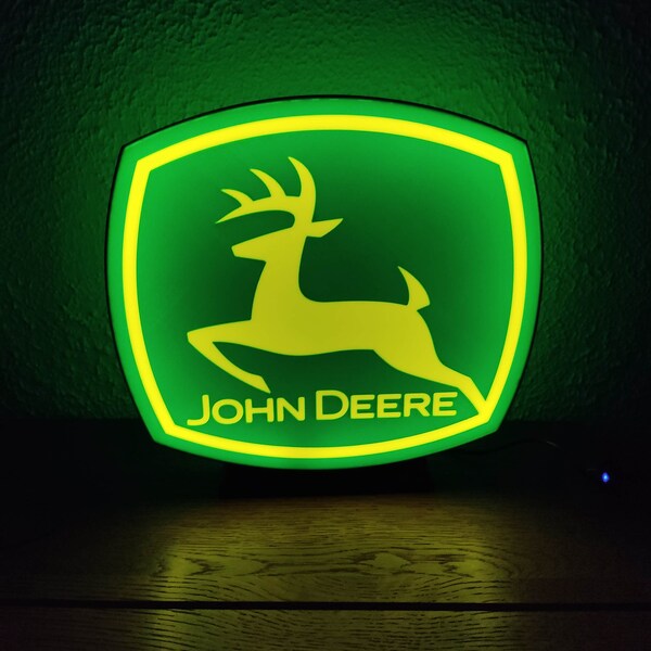 Logo Lumineux - Lampe - Veilleuse LED 3D Emblème John Deere, intensité réglable, connexion USB 5V avec interrupteur