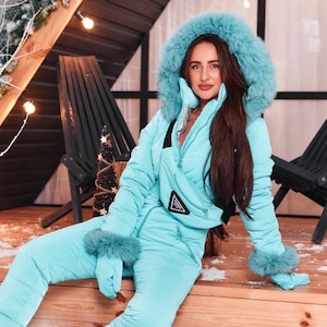 Women and Children Menthol Blue Ski Jumpsuit Mittens and Bag Overall ...