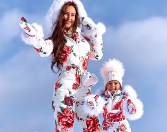 Women And Children Kids Ski Jumpsuit Floral Print With Mittens And Bag Overall Winter Suit Snowboarding Jacket Warm Pants