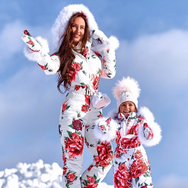 Women And Children Kids Ski Jumpsuit Floral Print With Mittens And Bag Overall Winter Suit Snowboarding Jacket Warm Pants