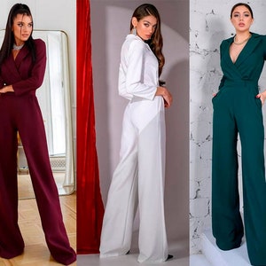 Women Jumpsuit Long Sleeves Deep Sexy V-neek White Black Emerald Burgundy