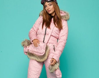 Women Ski Jumpsuit Pink Overall Winter Suit Snowboarding Jacket Warm Pants