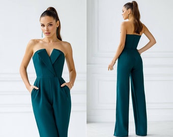 Green Emerald Women Jumpsuit Bridal Wedding Bridesmaid Prom Graduation Strapless Corset Top Wide Pants Palazzo White Black Pink Red Beige